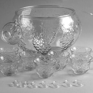 Vintage Indiana Glass Crystal Happenings Punch Bowl with a Grape & Leaf Design
